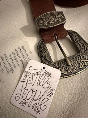 Free People Burgundy/Brown Suede Western-Style Belt with Engraved Buckle